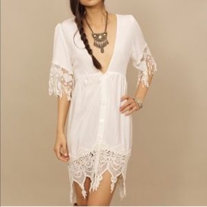 Stone Cold Fox Jade Dress White Lace Silk Embroidered Button Down Babydoll Mini